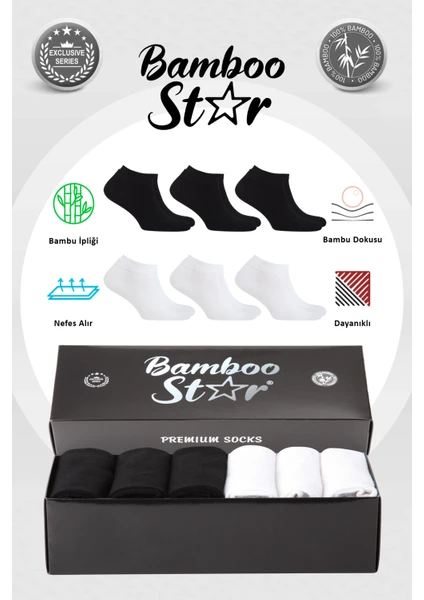 Bamboo Star Bambu Erkek Patik Düz Çorap Dikişsiz Premium Kutulu 6'lı (3 Siyah - 3 Beyaz)