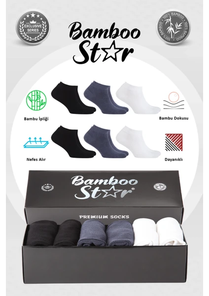 Bamboo Star Bambu Erkek Patik Düz Çorap Dikişsiz Premium Kutulu 6'lı (2 Siyah - 2 Lacivert - 2 Füme)