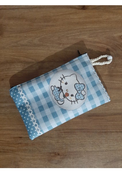 Hello Kity - Ekose Indigo Mavi Bej Desenli Tasarım Bez Kalemlik-Cüzdan