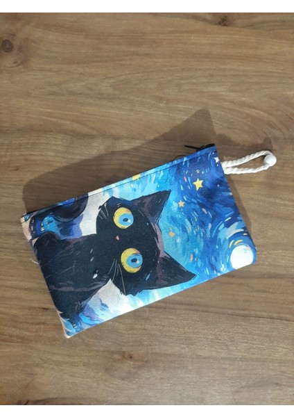 Kedi ve Yıldızlı Gece Art Design Desenli Tasarım Bez Kalemlik-Cüzdan