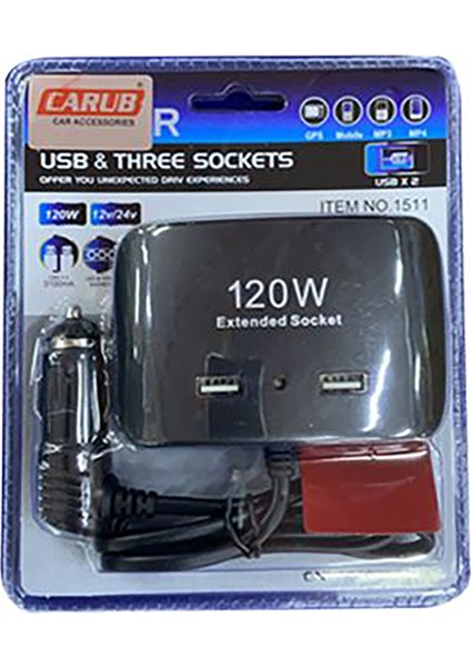 Çakmak Soket 12-24V 120W Kablolu 3lü Soket+2usb