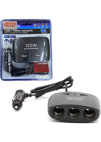 Çakmak Soket 12-24V 120W Kablolu 3lü Soket+2usb