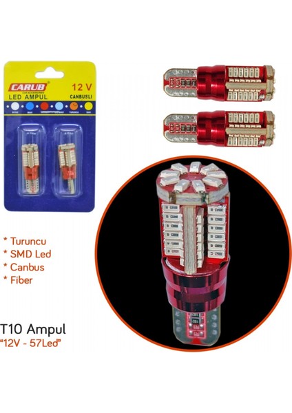 12V T10 Ampul 57 LED Smd Fiber Canbus Turuncu BR0405563