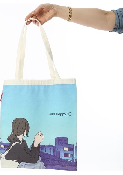 Anime Kız Be Happy Baskılı Bez Çanta fırsatları