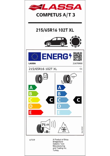 215/65 R16 102T Xl Competus A/T 3 Oto Yaz Lastiği (Üretim Yılı: 2024)