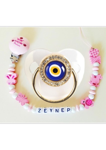 Isimli Bebek Emzik Zinciri ve Taşlı Bebek Silikon Emzik Seti (0-6 Ay) - SAHI_1325