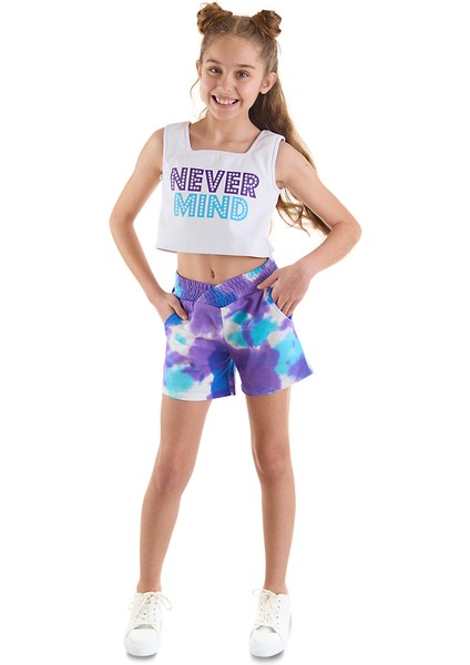 Never Mind Kız Çocuk Crop Top Batik Şort Takım