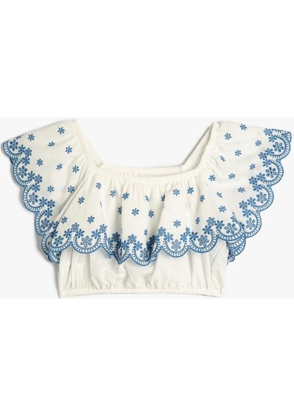 Crop Bluz Düşük Omuz Fırfırlı Katlı Floral Desenli Pamuklu fiyatları