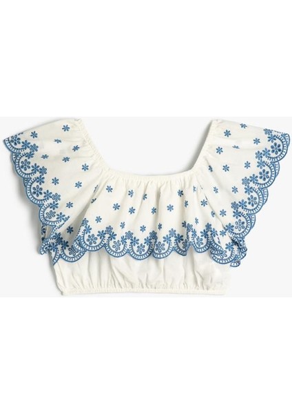 Crop Bluz Düşük Omuz Fırfırlı Katlı Floral Desenli Pamuklu modelleri