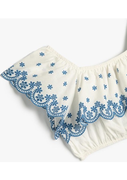 Crop Bluz Düşük Omuz Fırfırlı Katlı Floral Desenli Pamuklu fırsatları