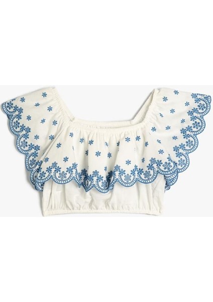 Crop Bluz Düşük Omuz Fırfırlı Katlı Floral Desenli Pamuklu indirimleri