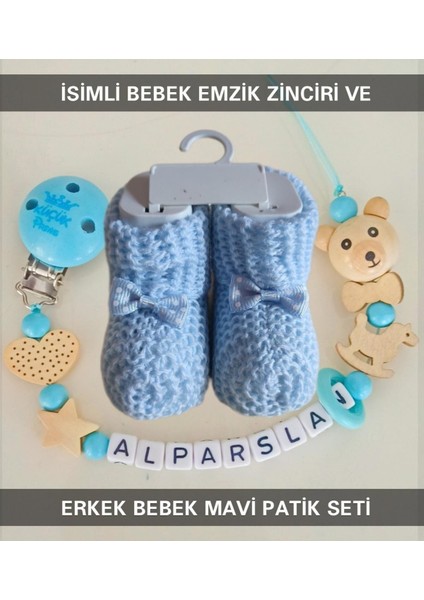 Isimli Bebek Emzik Zinciri ve Mavi Renk Patik Seti - SAHI_0314