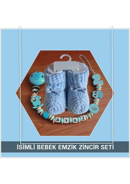 Isimli Bebek Emzik Zinciri ve Mavi Renk Patik Seti - SAHI_0343