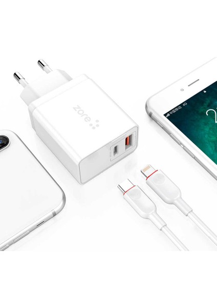 Type-C ve Lightning Kablo+Adaptör Hızlı Şarj Kablosu+Şarj Aleti Pd ve USB Adaptör Başlığı