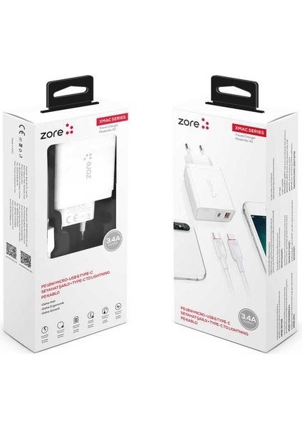 Type-C ve Lightning Kablo+Adaptör Hızlı Şarj Kablosu+Şarj Aleti Pd ve USB Adaptör Başlığı