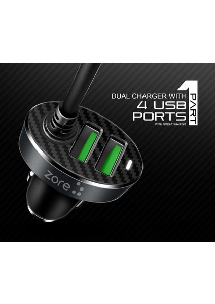 Araba Araç Içi Ön ve Arka Koltuk 2+2 USB Çakmaklık Hızlı Şarj Adaptörü Başlığı Arka Koltuk Uzatmalı