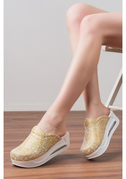 Altın Parlak Kadın Air Max Ortopedik ve Anatomik Rahat Sabo Terlik