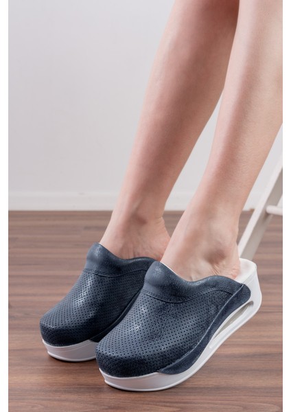 Lacivert Kendinden Desenli Kadın Air Max Ortopedik ve Anatomik Rahat Sabo Terlik