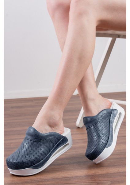 Lacivert Kendinden Desenli Kadın Air Max Ortopedik ve Anatomik Rahat Sabo Terlik