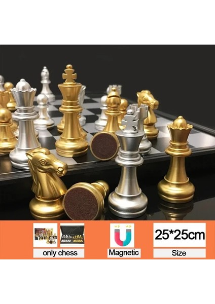 25X25X2CM Stili Medieval Plastic Chess Set Magnetic Chessmen 32 Golden Silvery Chess Pieces Foldable Chess Board Game Set Gifts I39 (Yurt Dışından)