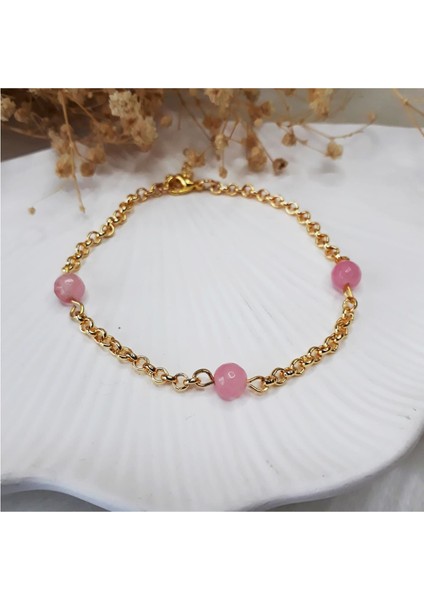 Altın Kaplama Zincir & Fasetli Kesim Pembe Kuvars Kadın Bileklik