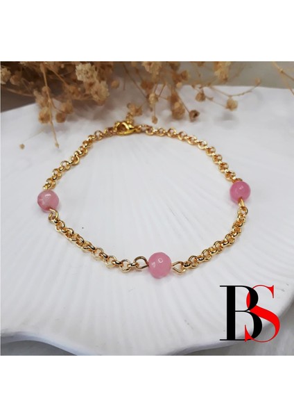 Altın Kaplama Zincir & Fasetli Kesim Pembe Kuvars Kadın Bileklik fiyatları