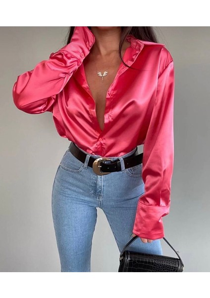 Kadın Fuşya Oversize Model Saten Gömlek