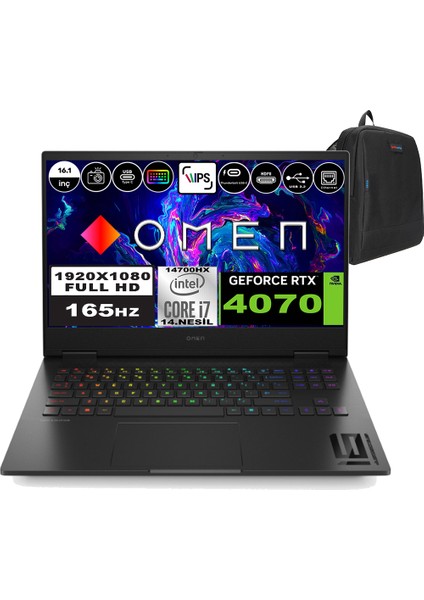 Omen 16-WF1020NT Intel Core I7 14700HX 32GB Ddr5 Ram 2tb SSD + 1 Tb SSD 8gb RTX4070 16.1 Inç Fullhd 165HZ Windows 11 Pro Taşınabilir Bilgisayar 9J1Y9EAWP03 + Zetta Çanta
