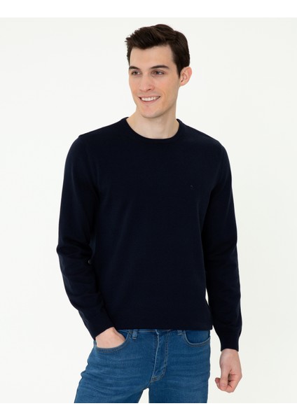 Erkek Lacivert Slim Fit Bisiklet Yaka Basic Triko Kazak 50237801-VR033