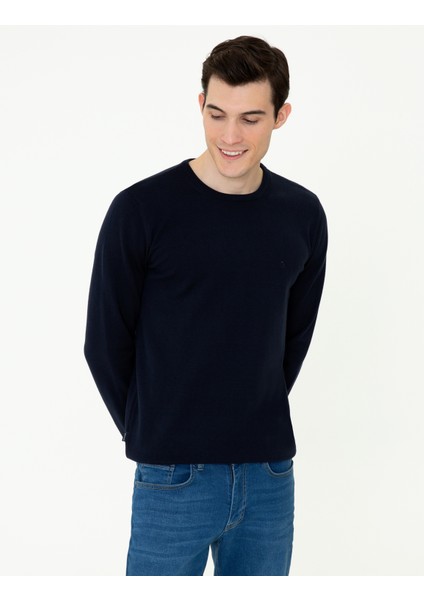 Erkek Lacivert Slim Fit Bisiklet Yaka Basic Triko Kazak 50237801-VR033