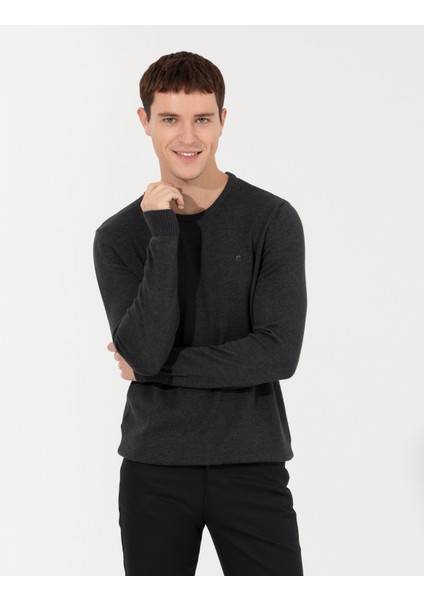 Erkek Antrasit Melanj Slim Fit Bisiklet Yaka Triko Kazak 50257038-VR081