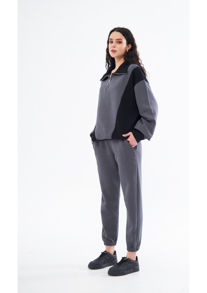 Yarım Fermuarlı Takım Oversize Şardonlu % 100 Pamuk
