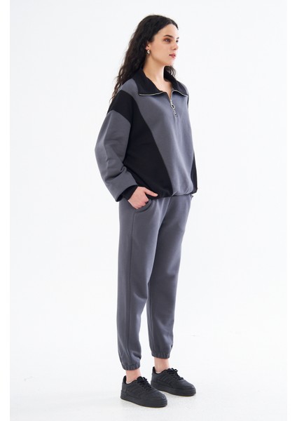 Yarım Fermuarlı Takım Oversize Şardonlu % 100 Pamuk