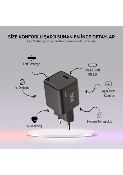BX1P20G Gan 20W Type-C Pd Akım Korumalı ve LED Göstergeli Hızlı Şarj Cihazı Siyah fırsatları