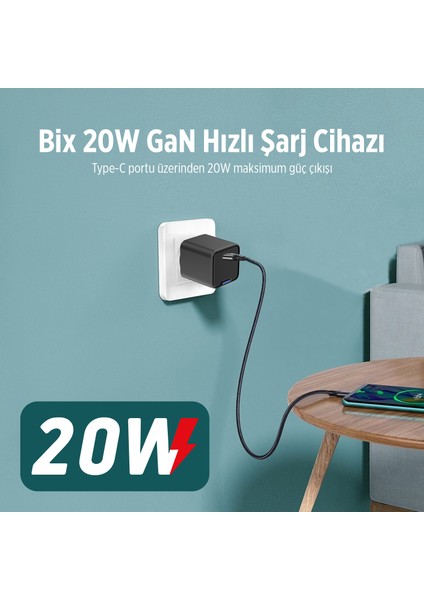 BX1P20G Gan 20W Type-C Pd Akım Korumalı ve LED Göstergeli Hızlı Şarj Cihazı Siyah modelleri