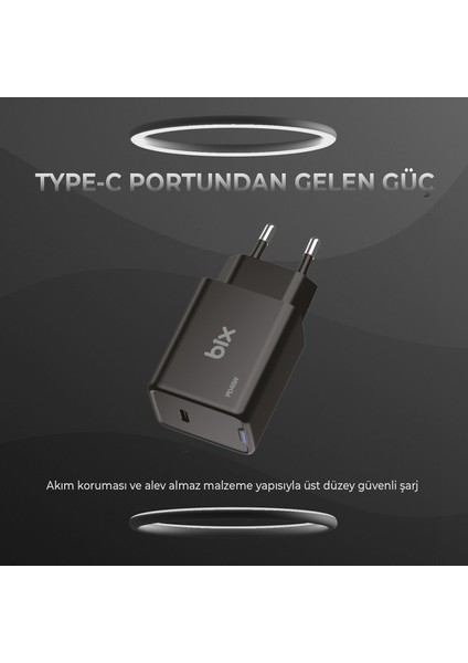 BX1P45G Gan 45W Type-C Pd Akım Korumalı ve LED Göstergeli Hızlı Şarj Cihazı Siyah