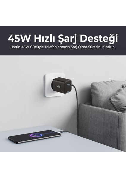 BX1P45G Gan 45W Type-C Pd Akım Korumalı ve LED Göstergeli Hızlı Şarj Cihazı Siyah