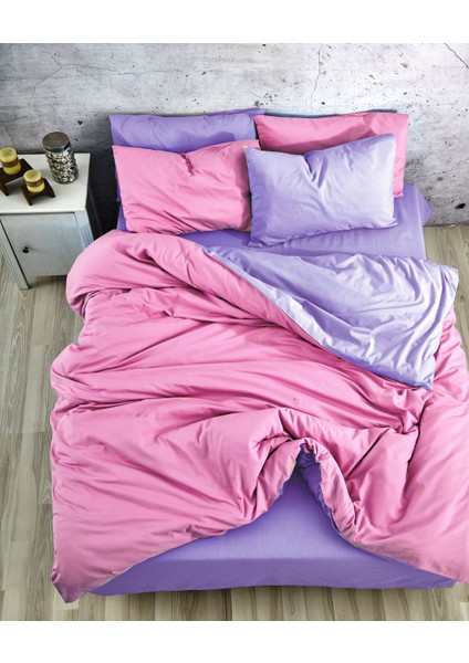 Çift Taraflı Kullanım Kombinli/ranforce Çift Kişilik Nevresim Takımı-4 Yastık Kılıflı-Pembe/mor modelleri