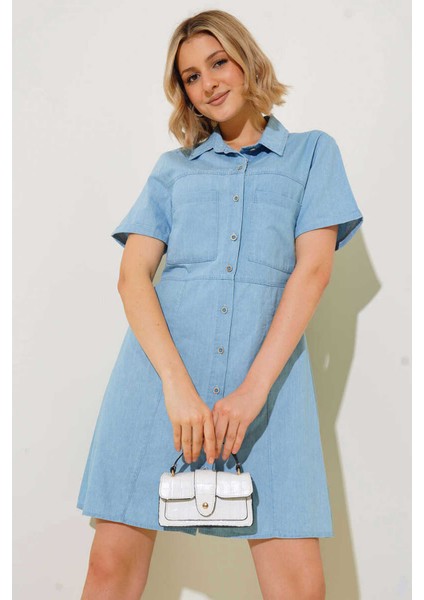 Bayan Önü Düğmeli Çift Cepli Kısa Kol Denim Elbise RD24YB112433
