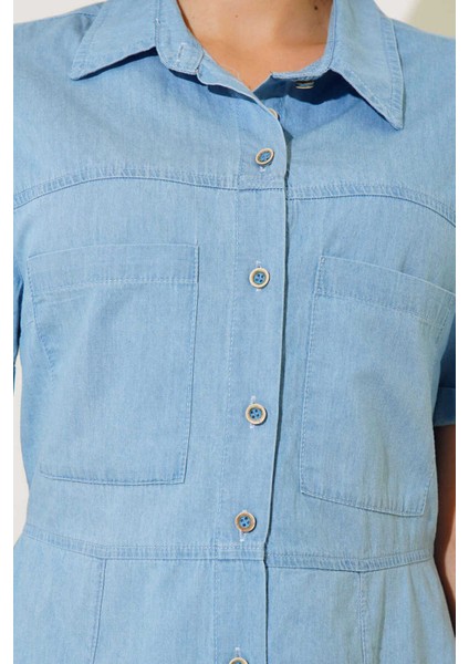 Bayan Önü Düğmeli Çift Cepli Kısa Kol Denim Elbise RD24YB112433