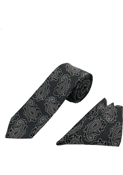 Siyah Gri Şal Desen Kravat Mendil Set