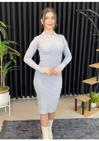 Vücuda Oturan Midi Boy Balıkçı Yaka Fitili Örme Elbise