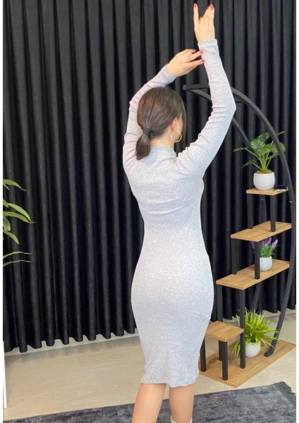 Vücuda Oturan Midi Boy Balıkçı Yaka Fitili Örme Elbise