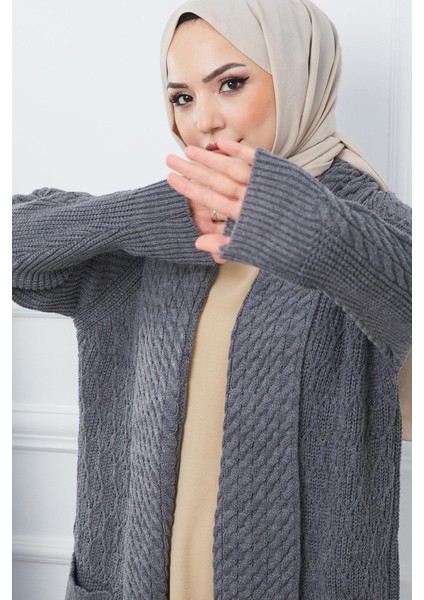 Şal Yaka Salaş Triko Hırka Füme HM2248 fırsatları