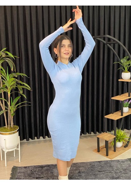 Vücuda Oturan Midi Boy Balıkçı Yaka Fitili Örme Elbise