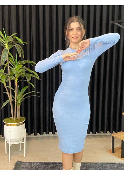Vücuda Oturan Midi Boy Balıkçı Yaka Fitili Örme Elbise