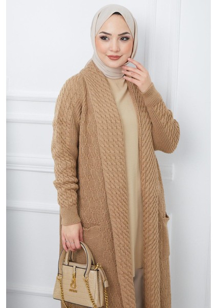 Şal Yaka Salaş Triko Hırka Camel HM2248