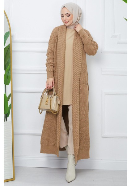 Şal Yaka Salaş Triko Hırka Camel HM2248 fırsatları