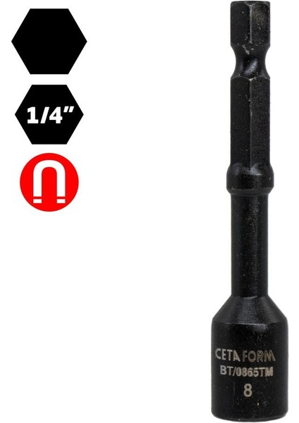 BT/0865TM 1/4" Darbeli Kullanım Manyetik Lokma Uç 8X65 mm