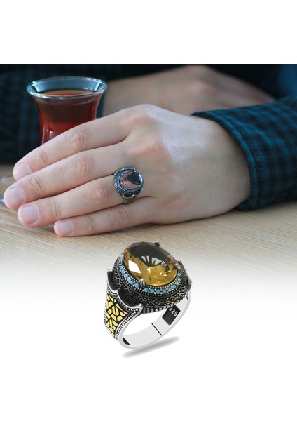 Faset Zultanit Taşlı Yanları Firuze Taş Mıhlamalı Labirent Detaylı 925 Ayar Gümüş Erkek Yüzük fiyatları